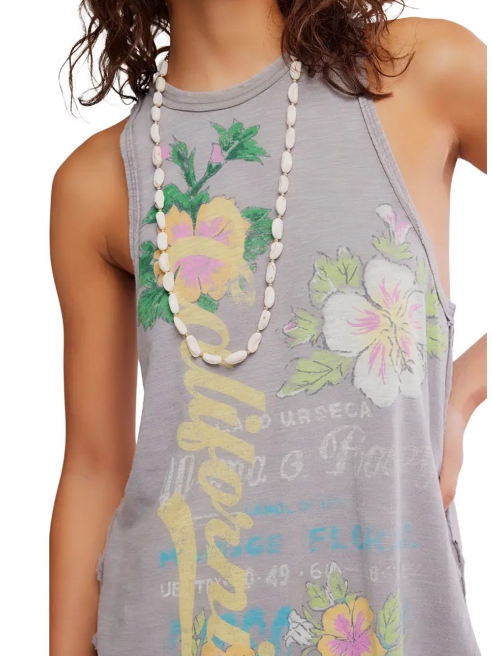 Free People Gray Washed Floral Muscle Tee